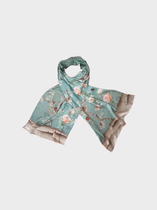 Floral Print Long Silk Scarf