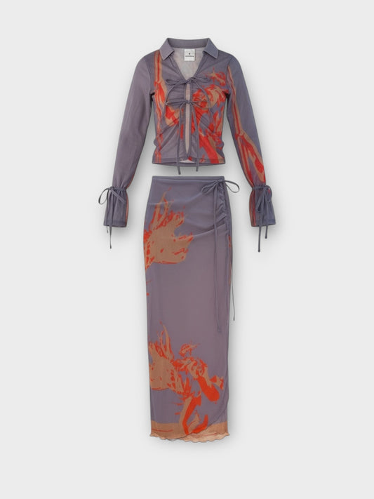 Heretic Nine Printed Mesh Shirt & Maxi Wrap Skirt With Tie Detail