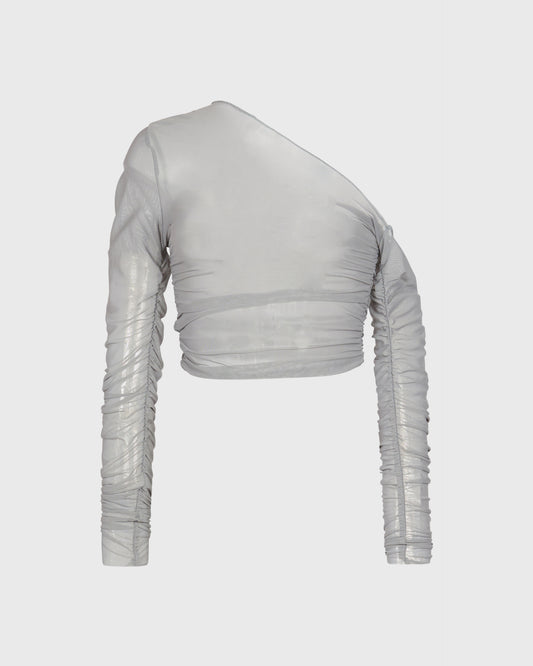 Unbranded Sheer One Shoulder Top With Ruched Sleeve