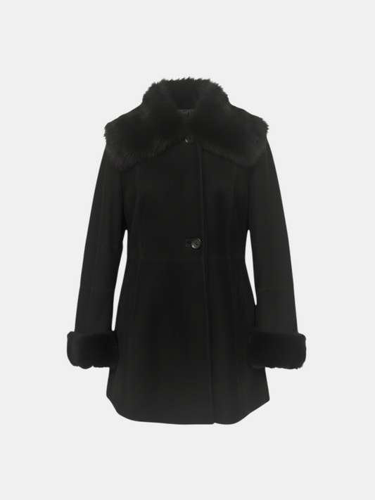 THE FASHION LIBRARY Gerard Darel black sheepskin suede coat with plush fur collar and matching fur-trimmed cuffs.