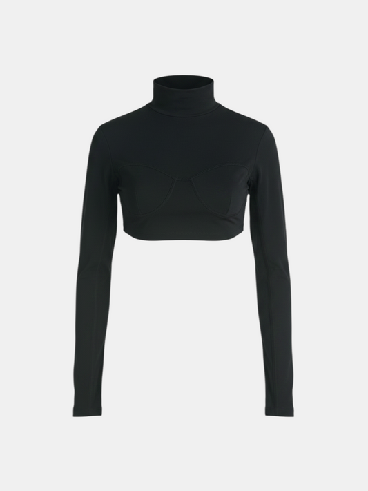 THE FASHION LIBRARY black long-sleeve turtleneck crop top featuring a structured bustier-style cutout design.