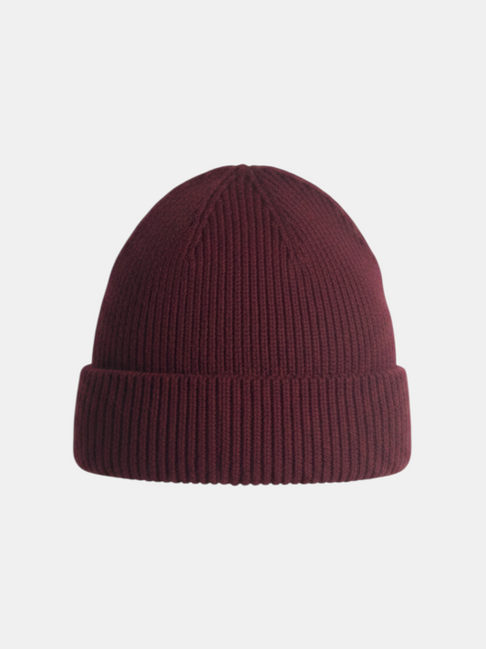 THE FASHION LIBRARY ASOS fisherman beanie in deep burgundy ribbed knit fabric with a folded cuff