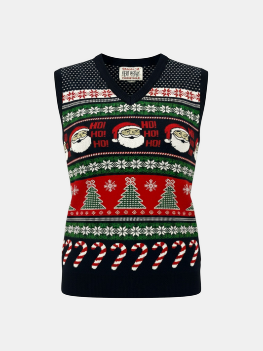 THE FASHION LIBRARY navy blue sleeveless V-neck Christmas jumper featuring Santa faces, trees, and candy cane patterns.