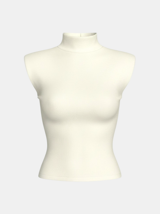 THE FASHION LIBRARY cream ribbed high neck sleeveless top with structured shoulder pads on a mannequin