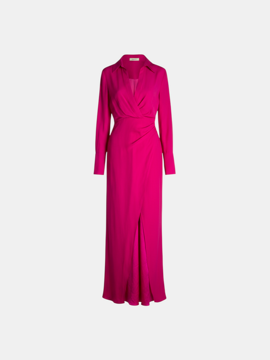 THE FASHION LIBRARY Gauge 81 long fuchsia silky shirt dress with a wrap-style bodice and a front slit