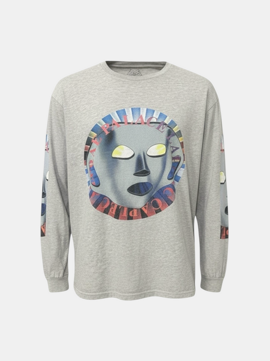 THE FASHION LIBRARY grey long sleeve t-shirt featuring a graphic mask print on the chest and sleeves