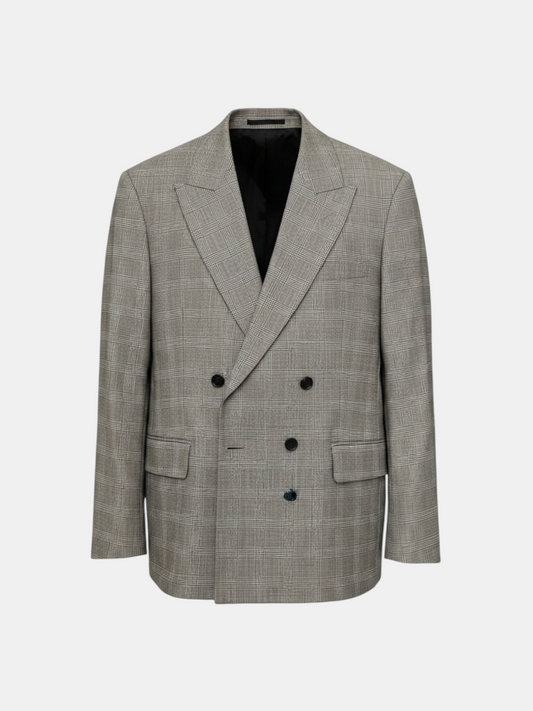 THE FASHION LIBRARY All Saints grey plaid double breasted blazer with peak lapels and black button closure