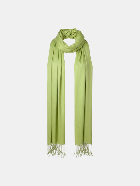 THE FASHION LIBRARY plain lime green pashmina scarf with delicate fringe detailing on a light grey background