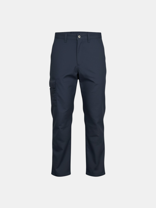 THE FASHION LIBRARY navy workwear pants featuring side cargo pockets and a button closure front
