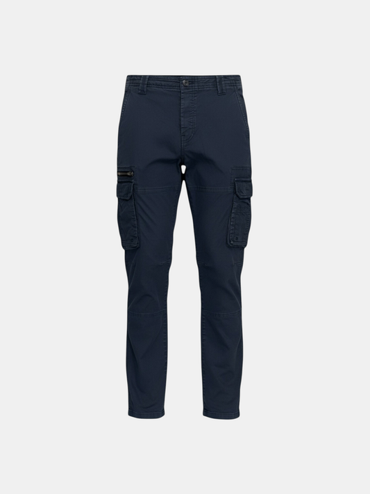 THE FASHION LIBRARY slim fit navy blue cargo pants with side utility pockets and button closure