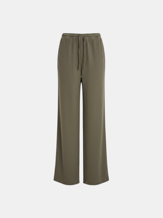 THE FASHION LIBRARY Zara olive green flowy wide-leg pants with an elastic drawstring waist.