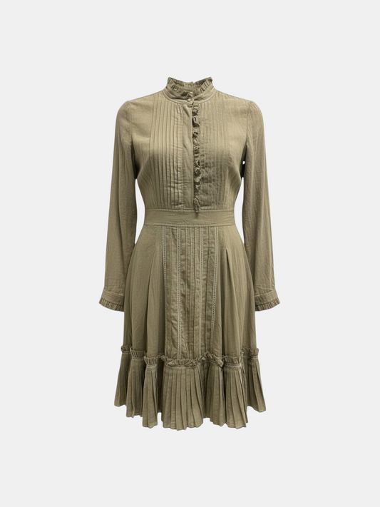 THE FASHION LIBRARY Temperley shirt dress in olive green featuring vertical pleats, ruffled trim, and long sleeves.