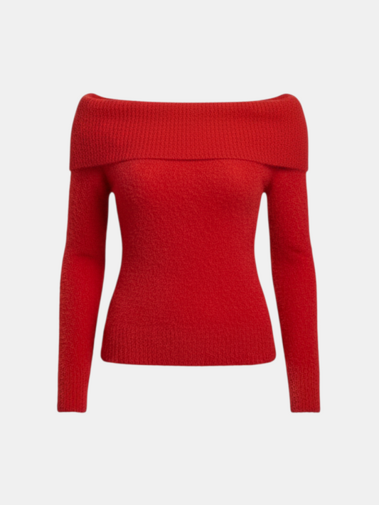 THE FASHION LIBRARY red off-shoulder fluffy knit sweater with long sleeves and a folded neckline