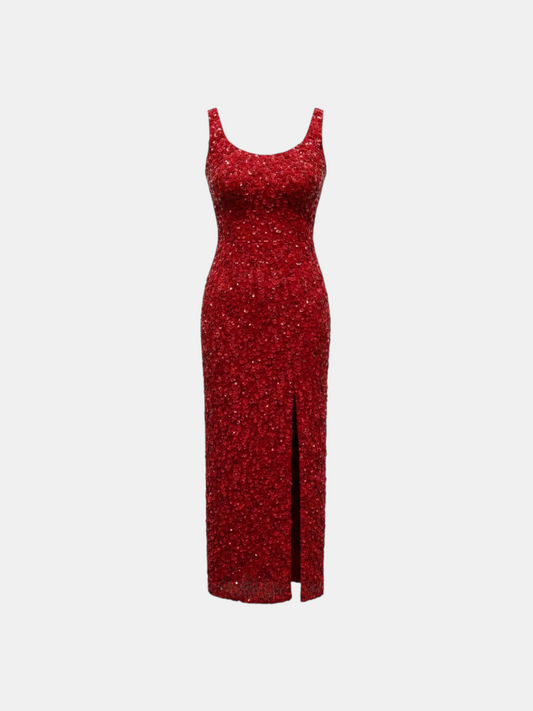 THE FASHION LIBRARY vintage red sequin evening gown with a scoop neckline and side slit for formal black-tie events.