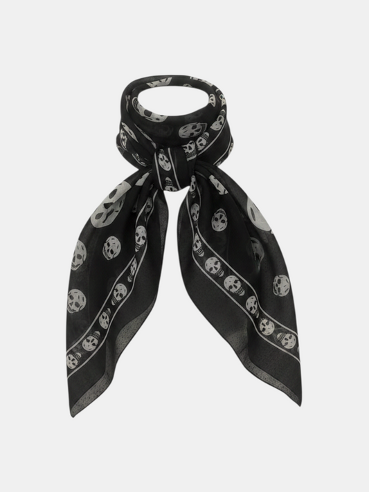 THE FASHION LIBRARY black and white silk scarf featuring an iconic Alexander McQueen skull print pattern