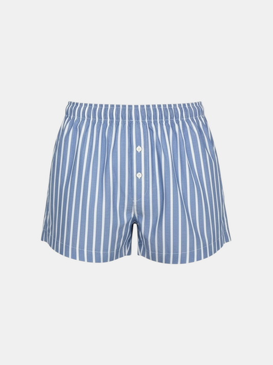THE FASHION LIBRARY Monki blue and white vertical striped boxer style shorts with an elastic waistband and button fly.
