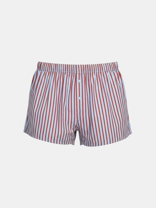 THE FASHION LIBRARY Topshop boxer style shorts in blue and red vertical stripes with a button front detail.