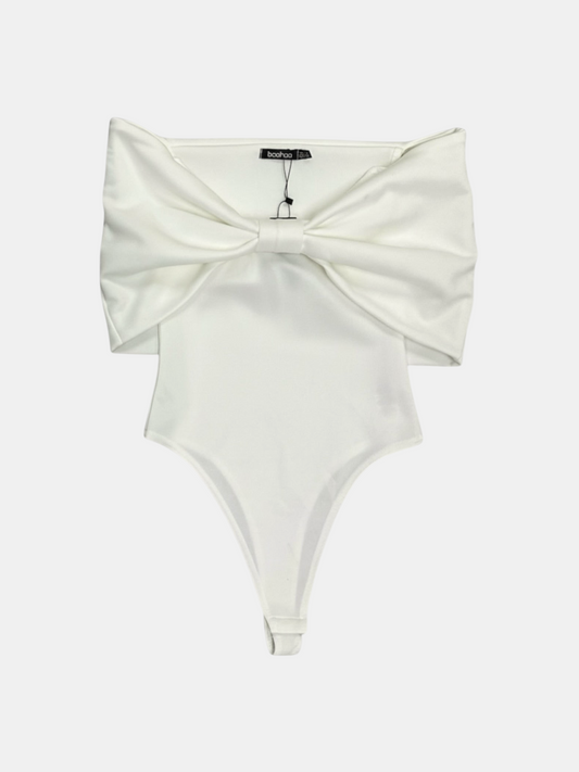 THE FASHION LIBRARY white off-shoulder bodysuit featuring a large statement bow detail on the front