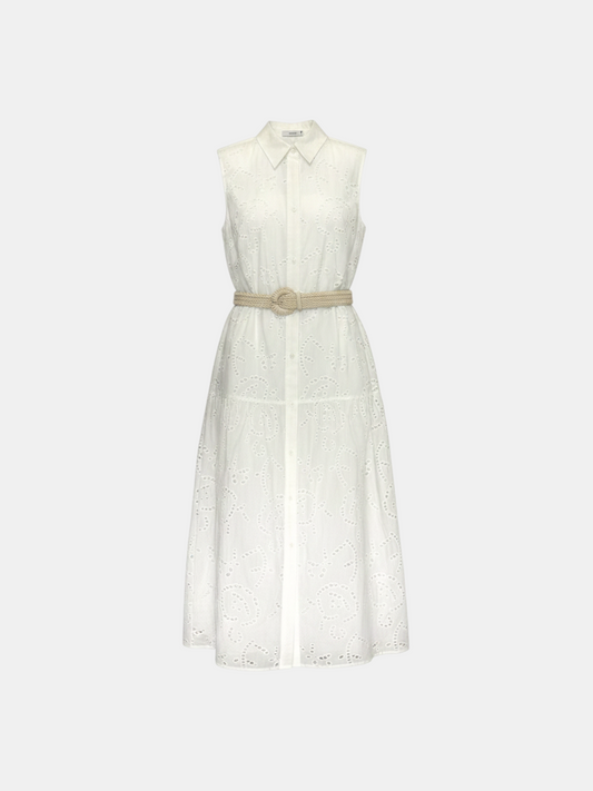 THE FASHION LIBRARY white sleeveless broderie anglaise midi shirt dress with a beige rope belt